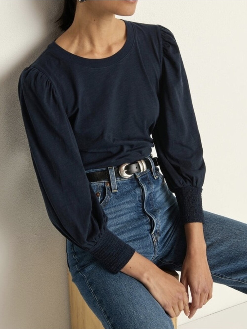 Nation LTD Loren Slub-Knit Peasant-Sleeve Top Navy Blue Pima Cotton Size L